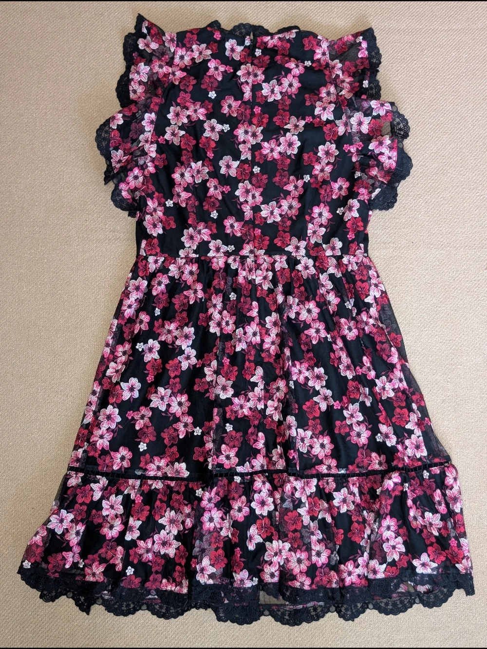 Kate Spade Black and Pink Floral Embroidered Tulle Flutter Sleeve Mini Dress
